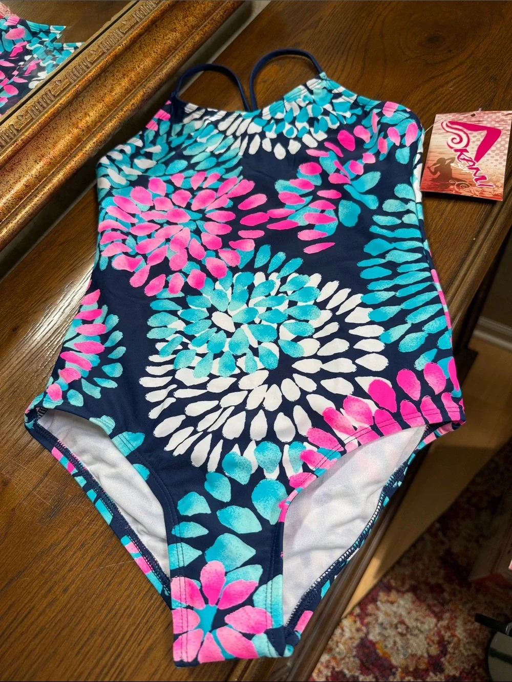 Kanu Surf Navy One-Piece Swimsuit with Pink & Turquoise Floral Print. Size 12.